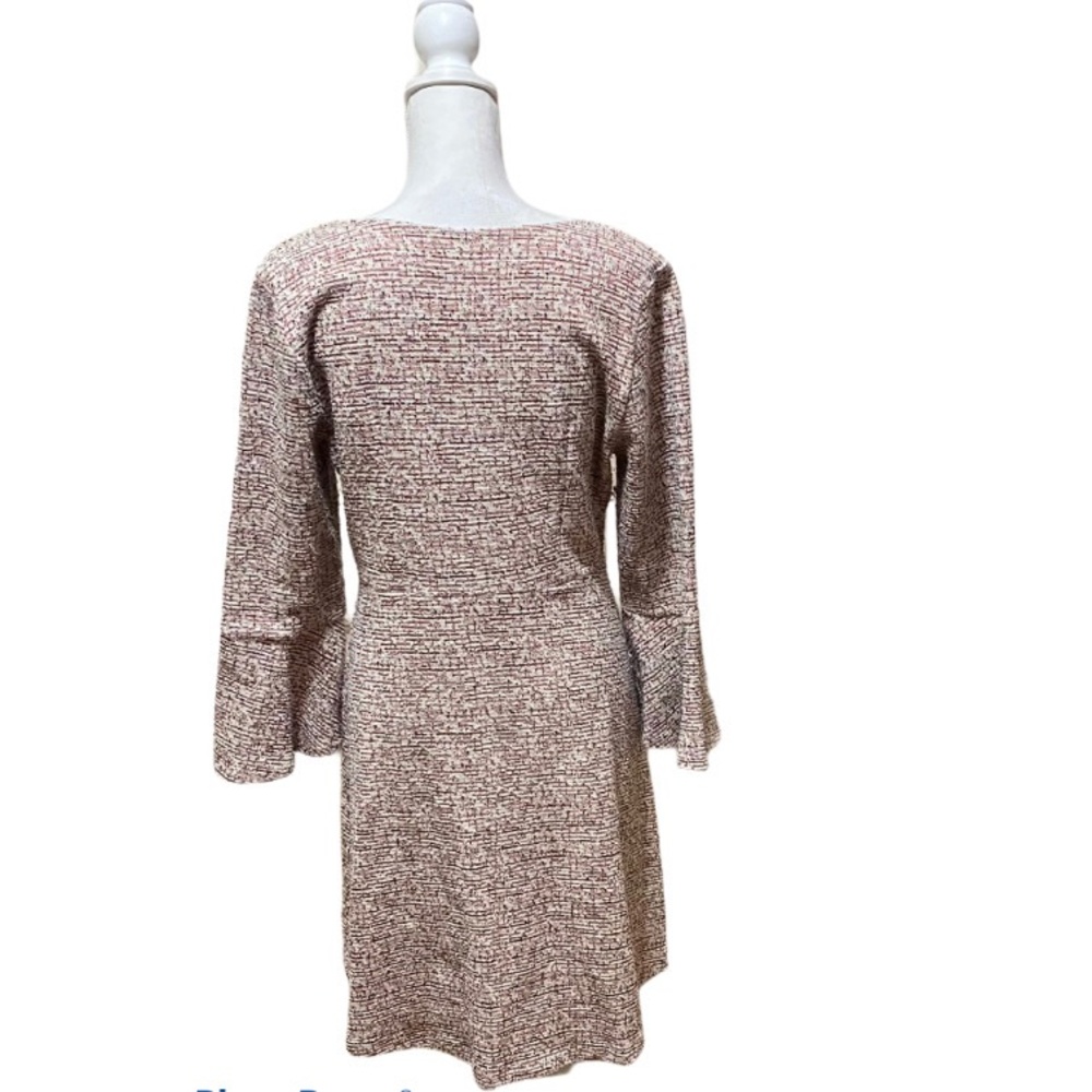 Anthropologie Red Cream Tweed Bell Sleeve V-Neck Dress - Picture 5 of 11